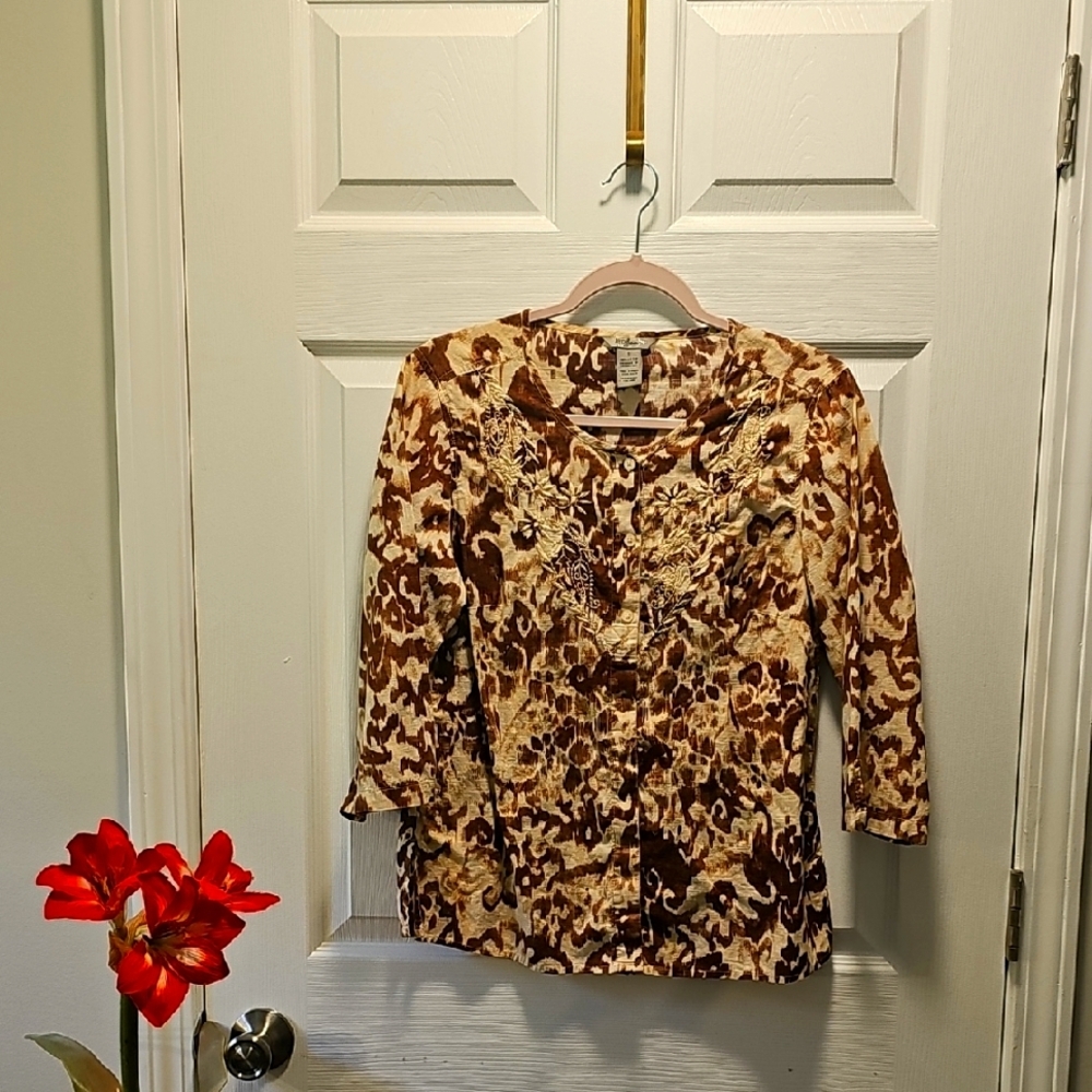 IB Infusion 3/4 Sleeve Brown & Cream Blouse, Embroidered Accents, Women's, S